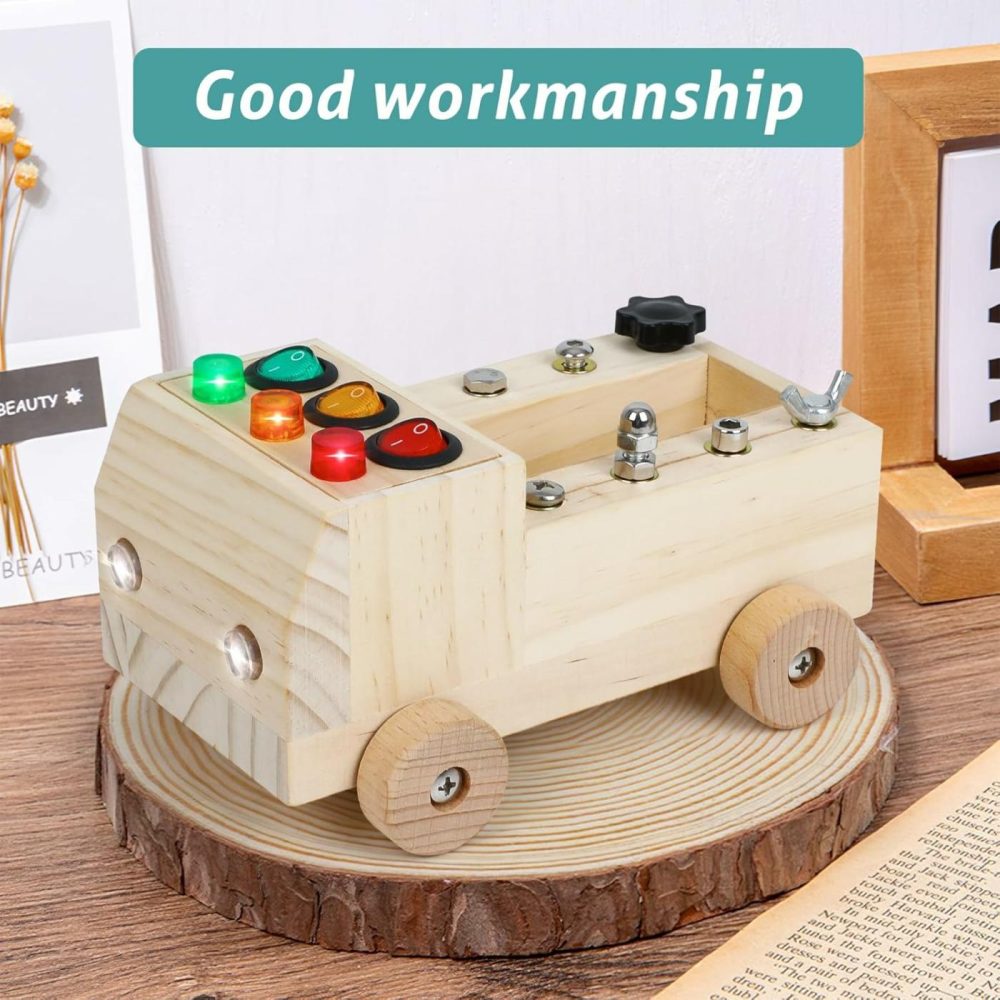 Wooden Truck Montessori Busy Board For Toddlers  Fine Preschool Motor Skills Learning Toy Tool Set With Screwdriver  Lights  Switches  Key  Button  Sensory Educational Montessori Wooden Car For Kids  |  Sorting & Stacking Toys All Toys Sorting & Stacking Toys