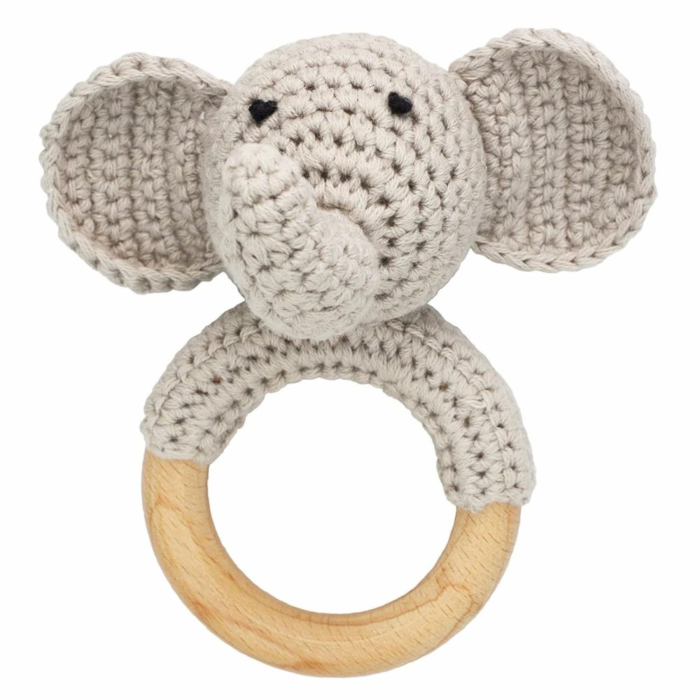 Woodland Friends Baby Rattle Shaker Toy With Wooden Teething Ring Gray Elephant  |  Teethers All Toys Gray