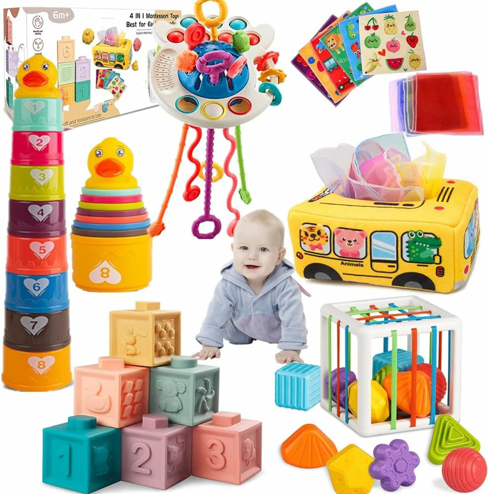 Baby Toys 6 To 12 Months  Montessori Toys For 1 Year Old  Silicone Pull String Teething Toys  Stacking Building Blocks Infant Toddler Toys 0-3  Color Shape Bin Sensory Toys  Baby Boys&Girls Gifts  |  Sorting & Stacking Toys All Toys Sorting & Stacking Toys