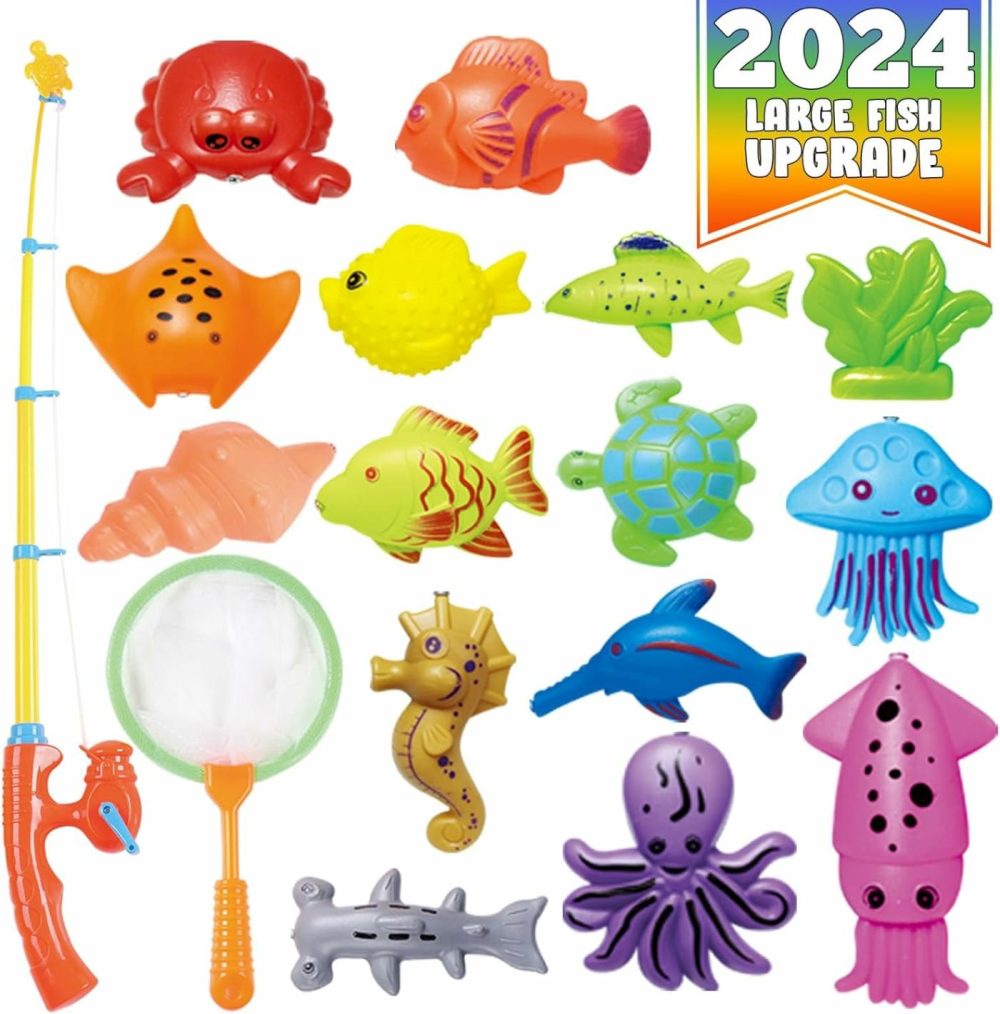 Kids Fishing Bath Toys Game – 17Pcs Magnetic Floating Toy Magnet Pole Rod Net  Plastic Floating Fish – Toddler Education Teaching And Learning Colors (New)  |  Bath Toys All Toys Bath Toys