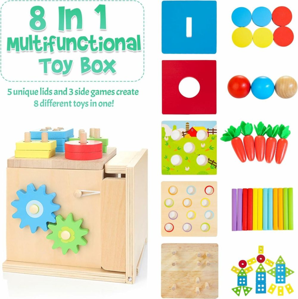 Wooden Montessori Baby Toys  8-In-1 Wooden Play Kit Includes Object Permanent Box  Coin Box  Carrot Harvest  Shape Sorting & Stacking – Christmas Birthday Gift For Boys Girls Toddlers  |  Sorting & Stacking Toys All Toys Sorting & Stacking Toys