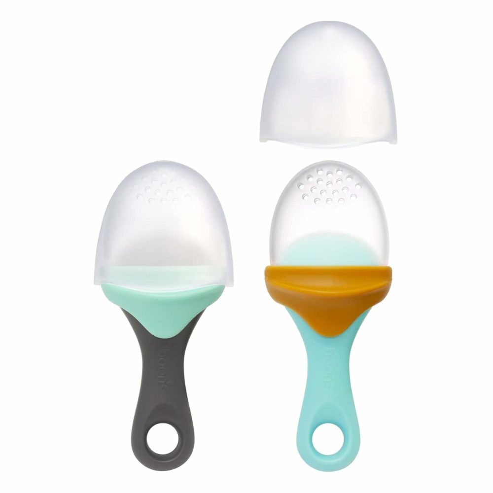 Pulp Silicone Baby Fruit Feeder – Soft Silicone Baby Feeding Set – Fruit And Vegetable Baby Led Weaning Supplies – Baby Feeding Essentials – Blue/Mustard And Gray/Mint – 2 Count  |  Teethers All Toys Blue/Gray