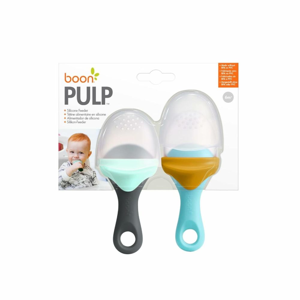 Pulp Silicone Baby Fruit Feeder – Soft Silicone Baby Feeding Set – Fruit And Vegetable Baby Led Weaning Supplies – Baby Feeding Essentials – Blue/Mustard And Gray/Mint – 2 Count  |  Teethers All Toys Blue/Gray