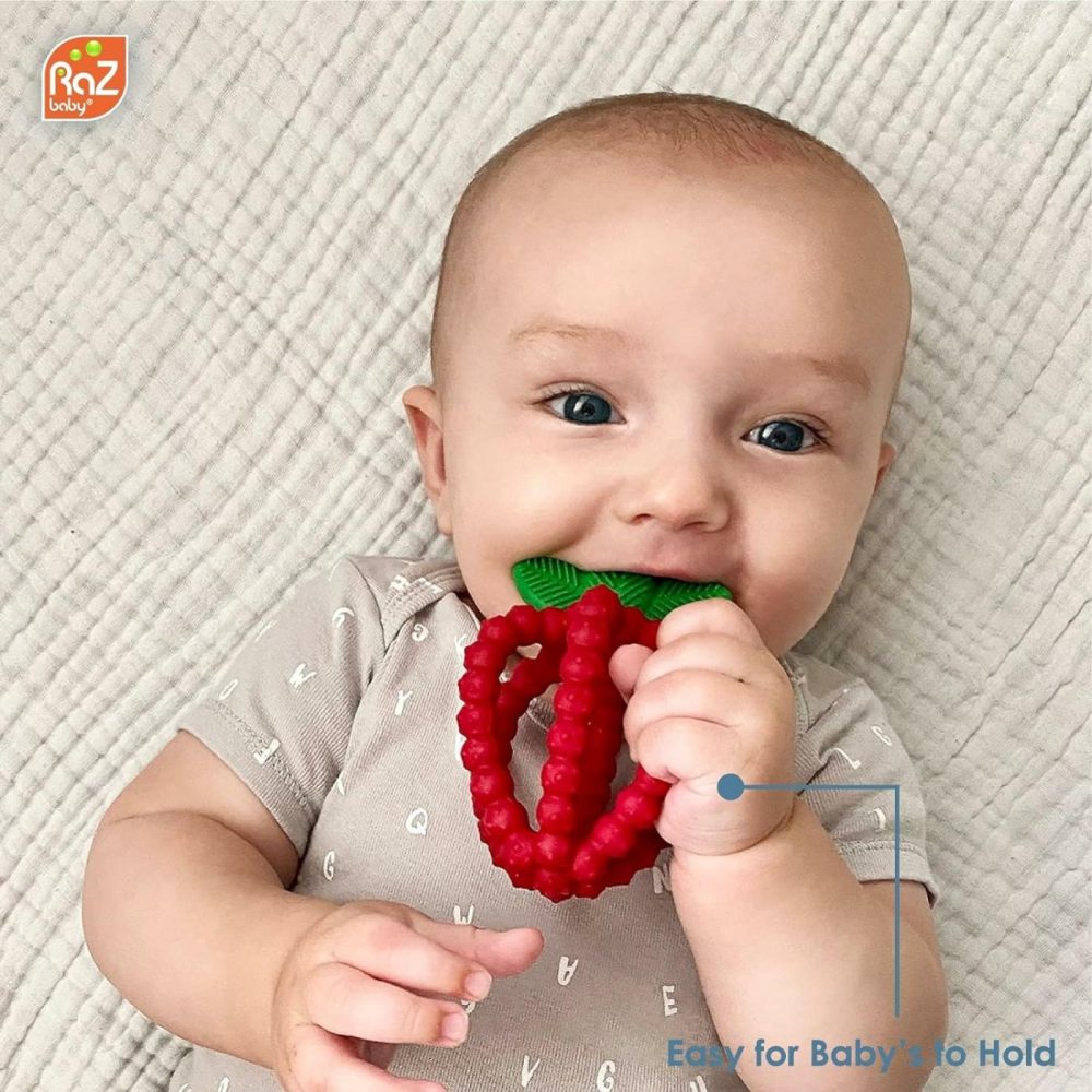 Silicone Infant & Baby Teething Toy  Textured Berrybumps Soothe Babies’ Sore Gums  Razberry Bites Relief Teether  Back & Front Teeth  Bpa Free  Easy To Hold  Fruit Shape For Babies 3M+ – Red  |  Teethers All Toys Red