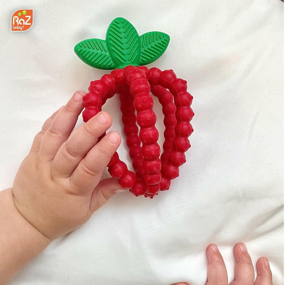 Silicone Infant & Baby Teething Toy  Textured Berrybumps Soothe Babies’ Sore Gums  Razberry Bites Relief Teether  Back & Front Teeth  Bpa Free  Easy To Hold  Fruit Shape For Babies 3M+ – Red  |  Teethers All Toys Red