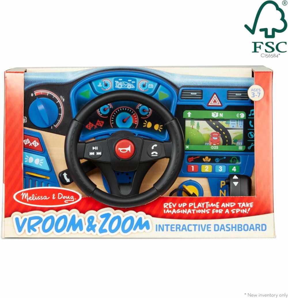 Vroom & Zoom Interactive Wooden Dashboard Steering Wheel Pretend Play Driving Toy – Fsc Certified  |  Musical Toys All Toys