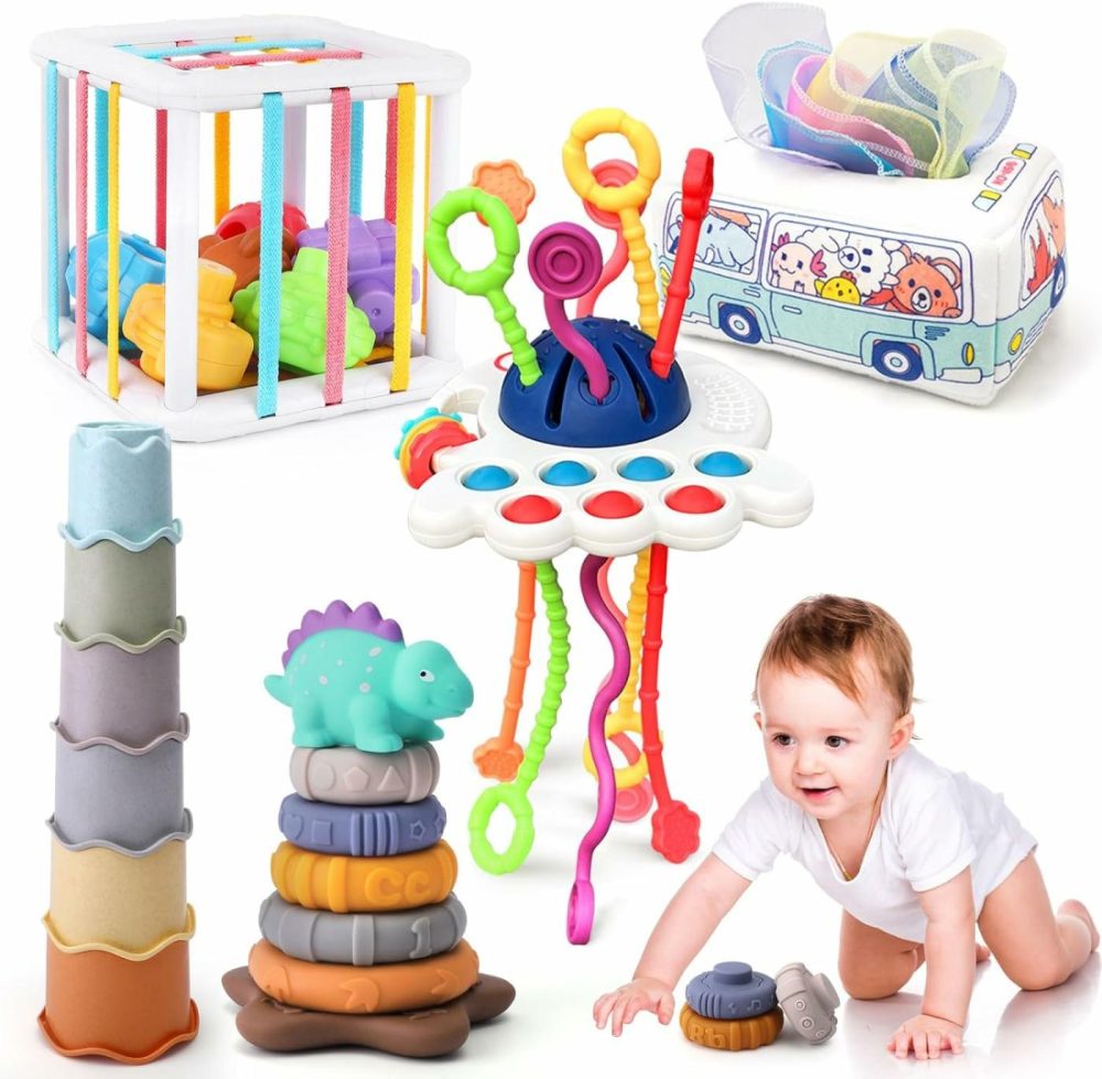 5 In 1 Baby Montessori Toys Set Include Shape Sorter Bin With Sound  Baby Tissue Box  Stacking Cups  Pull String Toy  Soft Stacking Rings  Sensory Toys For Infants Toddlers  |  Sorting & Stacking Toys All Toys Baby Sensory Bin Set 1