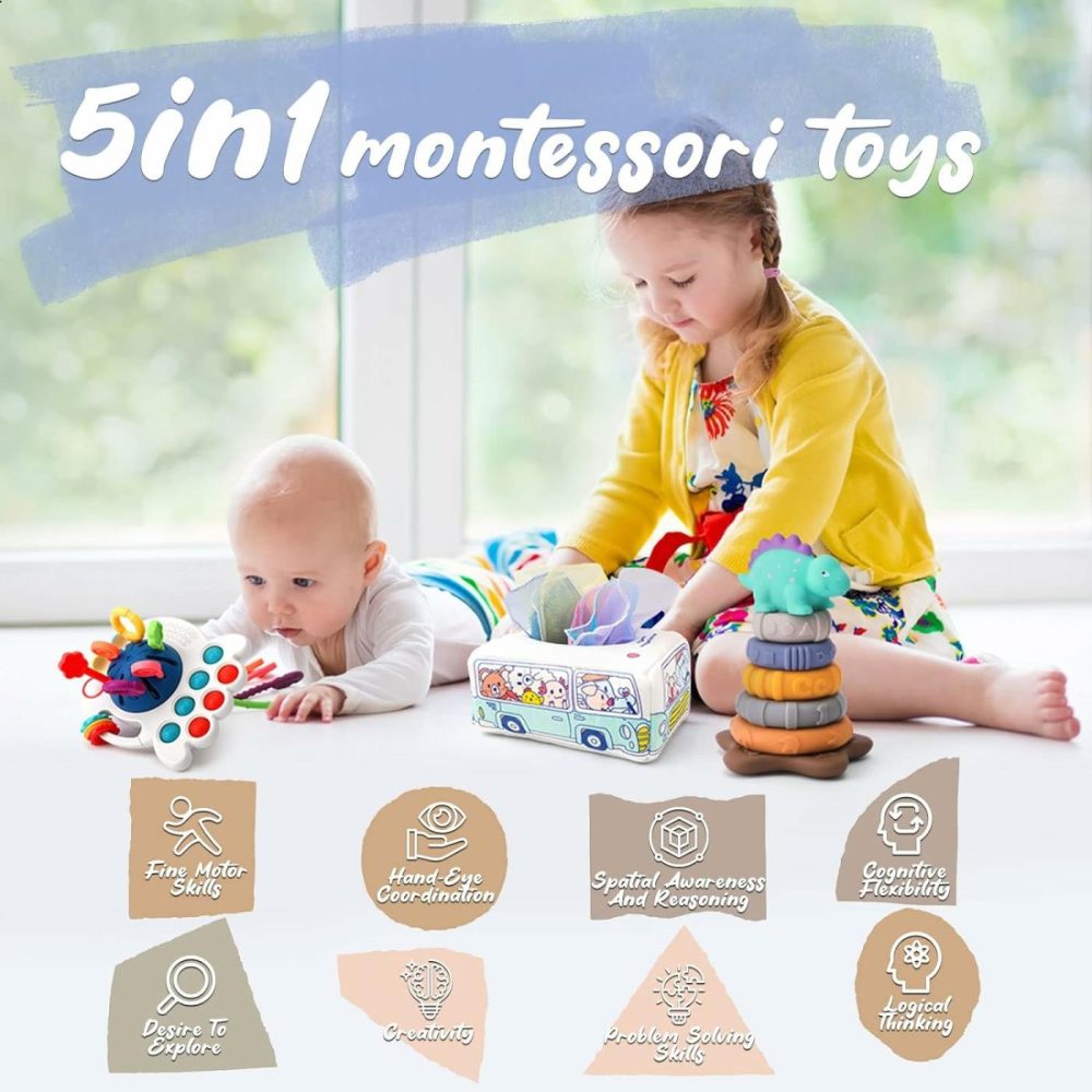 5 In 1 Baby Montessori Toys Set Include Shape Sorter Bin With Sound  Baby Tissue Box  Stacking Cups  Pull String Toy  Soft Stacking Rings  Sensory Toys For Infants Toddlers  |  Sorting & Stacking Toys All Toys Baby Sensory Bin Set 1