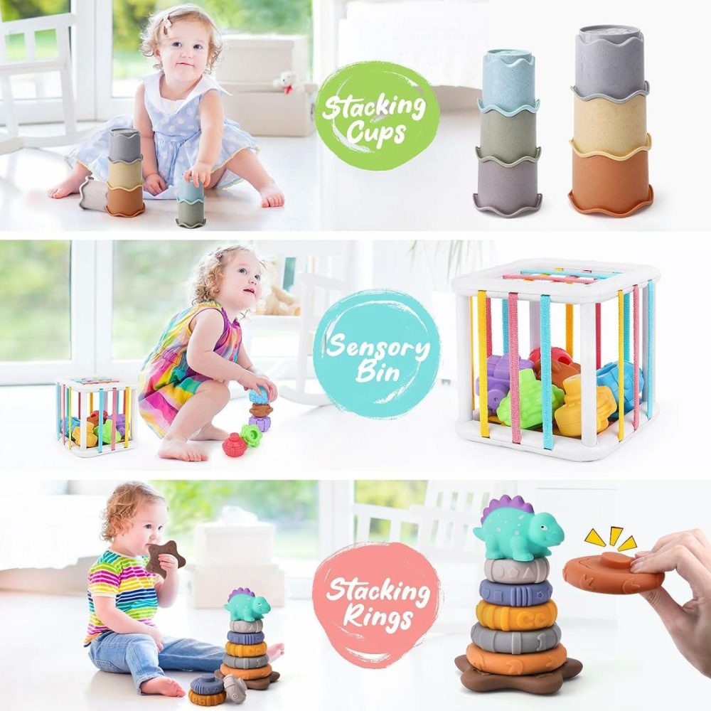 5 In 1 Baby Montessori Toys Set Include Shape Sorter Bin With Sound  Baby Tissue Box  Stacking Cups  Pull String Toy  Soft Stacking Rings  Sensory Toys For Infants Toddlers  |  Sorting & Stacking Toys All Toys Baby Sensory Bin Set 1