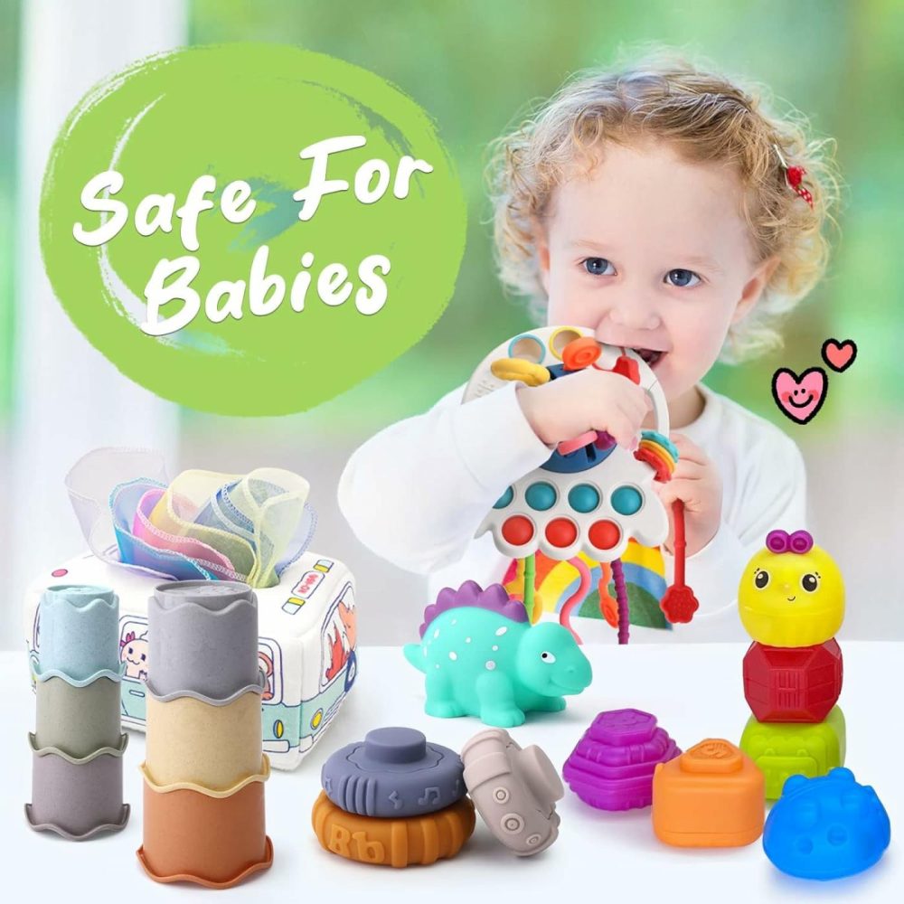 5 In 1 Baby Montessori Toys Set Include Shape Sorter Bin With Sound  Baby Tissue Box  Stacking Cups  Pull String Toy  Soft Stacking Rings  Sensory Toys For Infants Toddlers  |  Sorting & Stacking Toys All Toys Baby Sensory Bin Set 1