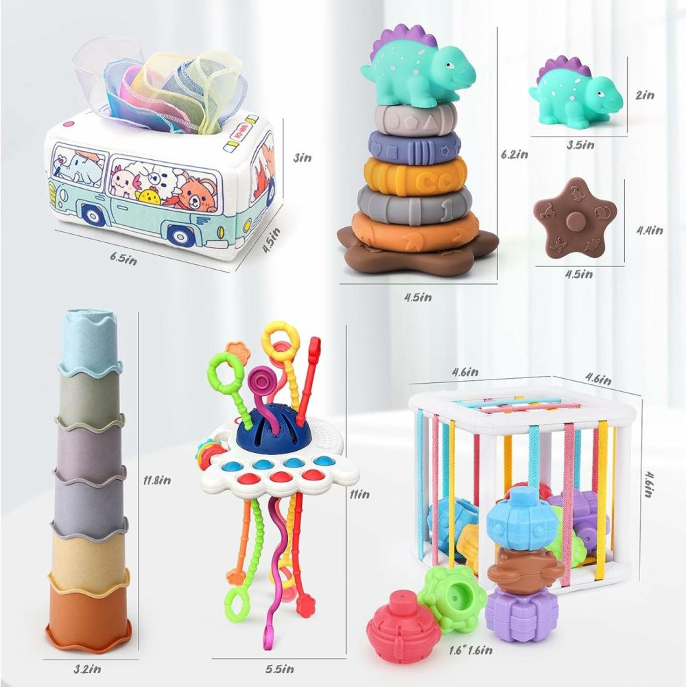 5 In 1 Baby Montessori Toys Set Include Shape Sorter Bin With Sound  Baby Tissue Box  Stacking Cups  Pull String Toy  Soft Stacking Rings  Sensory Toys For Infants Toddlers  |  Sorting & Stacking Toys All Toys Baby Sensory Bin Set 1