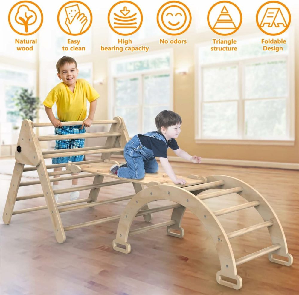 Foldable Climbing Triangle Ladder Toys With Ramp For Sliding Or Climbing  Set Of 3 Wooden Safety Sturdy Kids Play Gym  Indoor Outdoor Playground Climbing Toys For Toddlers  |  Indoor Climbers & Play Structures All Toys Burlywood