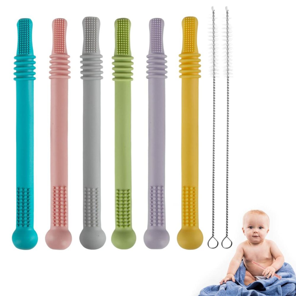 Hollow Teether Tubes  6 Pack Chew Straw Toy For Infant Toddlers Silicone Teething Toys For Babies  0-6 Months 6-12 Months Bpa Free/Freezable/Dishwasher And Refrigerator Safe  |  Teethers All Toys Silver, Pink, Yellow, Blue, Grey, Green