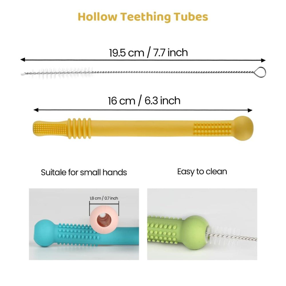 Hollow Teether Tubes  6 Pack Chew Straw Toy For Infant Toddlers Silicone Teething Toys For Babies  0-6 Months 6-12 Months Bpa Free/Freezable/Dishwasher And Refrigerator Safe  |  Teethers All Toys Silver, Pink, Yellow, Blue, Grey, Green