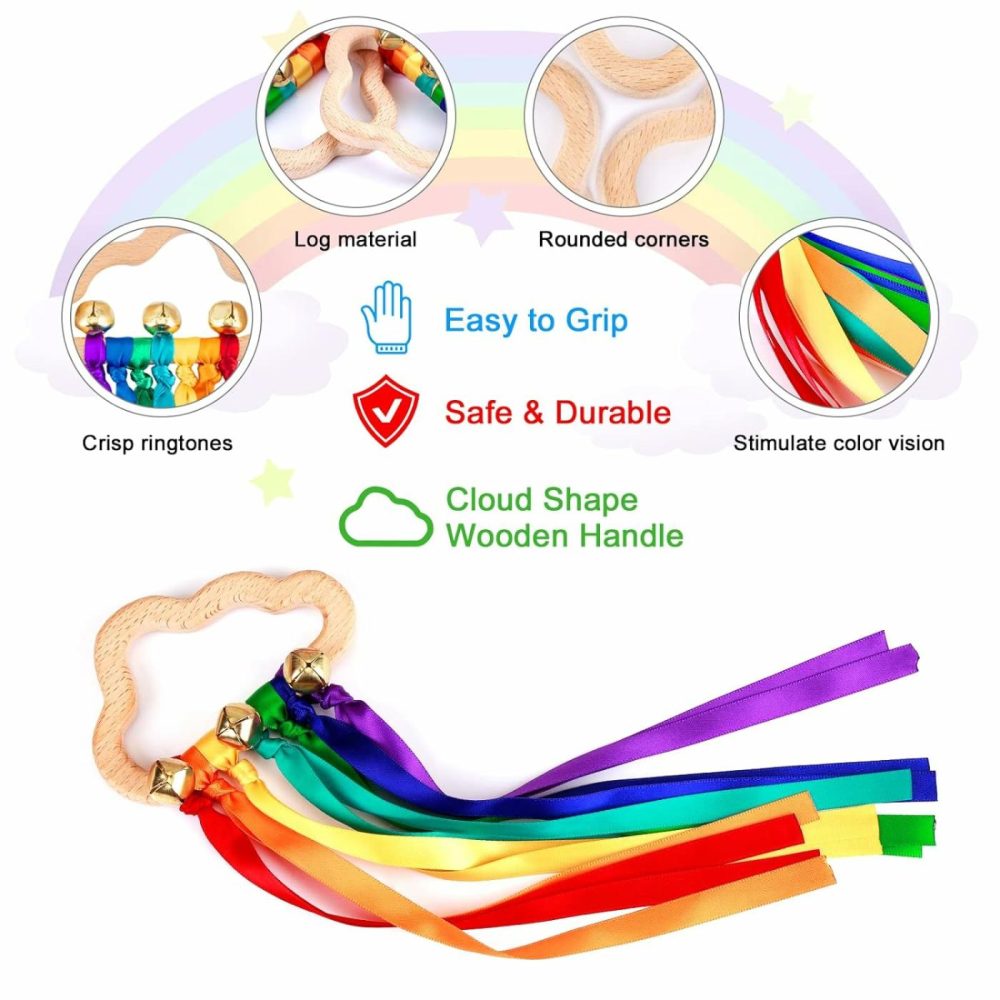 Baby Sensory Ribbon Ring Toys – 2Pcs Rainbow Ribbon Rattle Natural Wooden Ribbon Ring Molar Wood Circle Newborn Teether Sensory Montessori Toy For 6-12 Month Babies Toddler  |  Rattles & Plush Rings All Toys Colorful