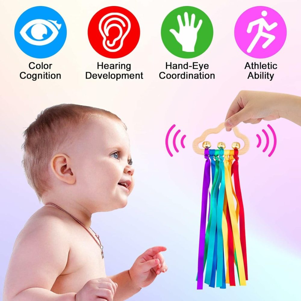 Baby Sensory Ribbon Ring Toys – 2Pcs Rainbow Ribbon Rattle Natural Wooden Ribbon Ring Molar Wood Circle Newborn Teether Sensory Montessori Toy For 6-12 Month Babies Toddler  |  Rattles & Plush Rings All Toys Colorful