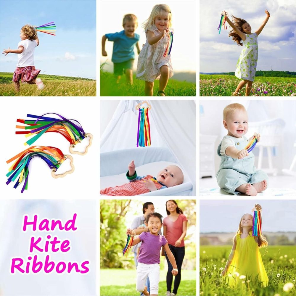 Baby Sensory Ribbon Ring Toys – 2Pcs Rainbow Ribbon Rattle Natural Wooden Ribbon Ring Molar Wood Circle Newborn Teether Sensory Montessori Toy For 6-12 Month Babies Toddler  |  Rattles & Plush Rings All Toys Colorful