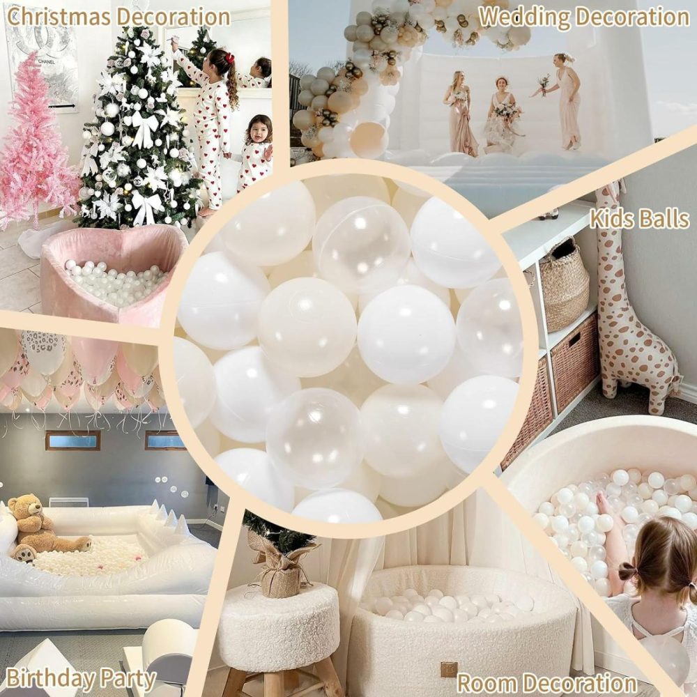 Ball Pit Balls 100 – Soft Plastic Balls For Babies Toddlers Kids Children With Storage Bag For 1 2 3 Years Old  3 Colors (100 Balls) White Beige Transparent  |  Balls All Toys A White+beige+clear