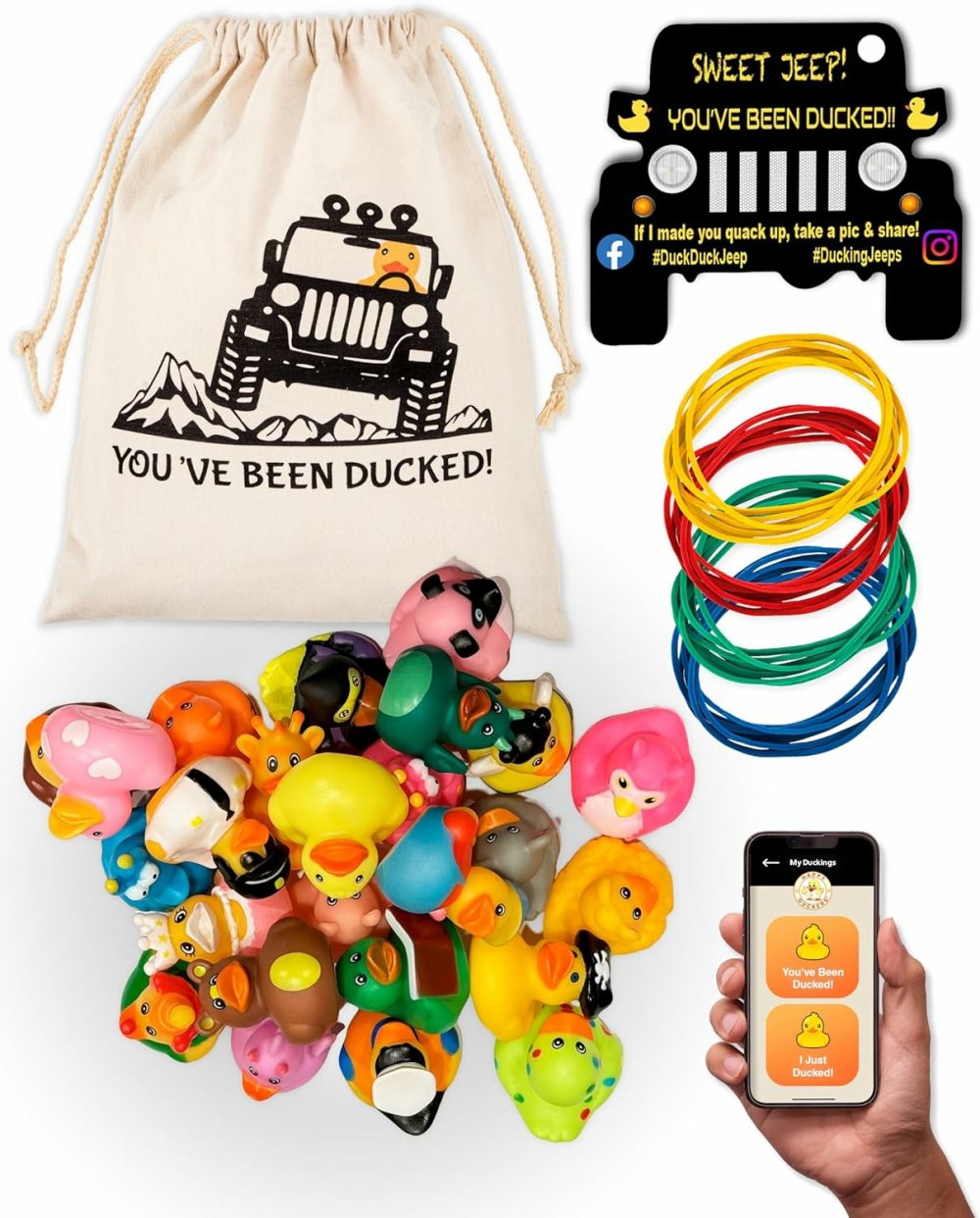 Jeep Ducks For Ducking Kit-76 Piece Kit Including Rubber Ducks  Duck Duck Jeep Bag  Jeep Ducking Cards & Rubber Bands Plus Official Duck Duck Jeep Mobile App (Jeep Ducks For Ducking Assortment C)  |  Bath Toys All Toys Bath Toys